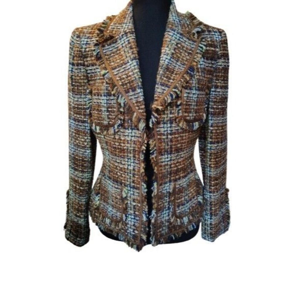 Tahari Arthur S. Levine Tweed Fringe Blazer Brown Blue Multi Open Front Size